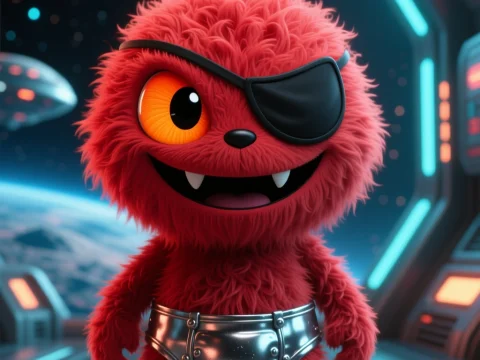 Red Furry Alien Pirate in Space Station