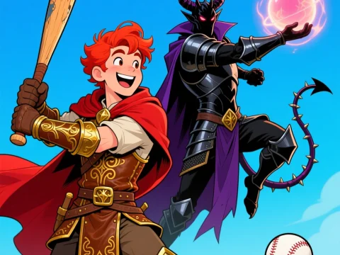 Red-Haired Adventurer Playing Baseball Against a Demon