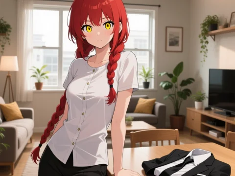 Red-Haired Anime Girl in Cozy Modern Living Room