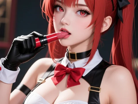 Red-Haired Anime Girl with Lipstick in Stylish Outfit