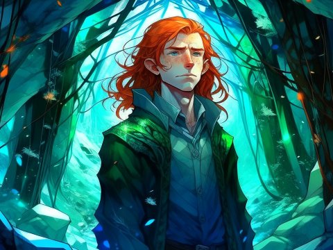 Red-Haired Anime Man in Enchanted Forest