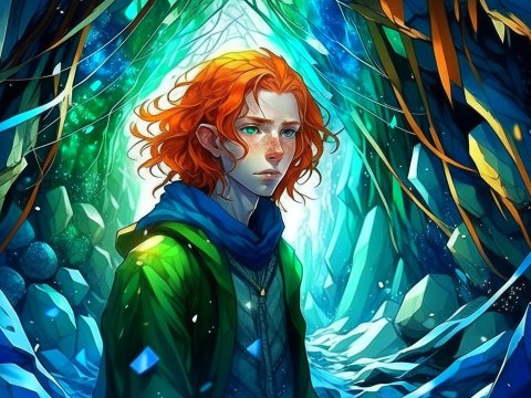 Red-Haired Character in Mystical Forest Cave