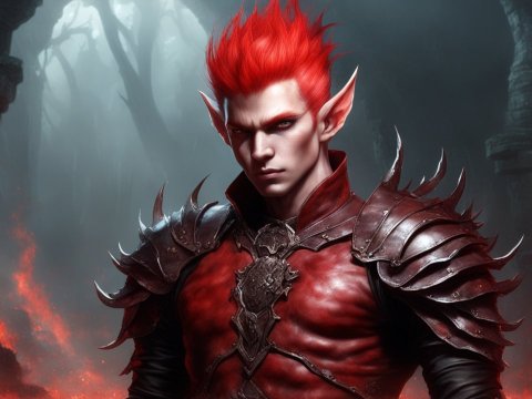 Red-Haired Elf Warrior in Fiery Hellscape