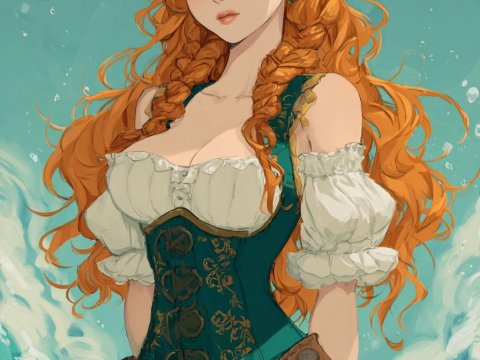 Red-Haired Fantasy Woman in Corset and Skirt