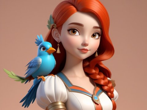 Red-haired Girl with Blue Bird on Shoulder in 3D Style