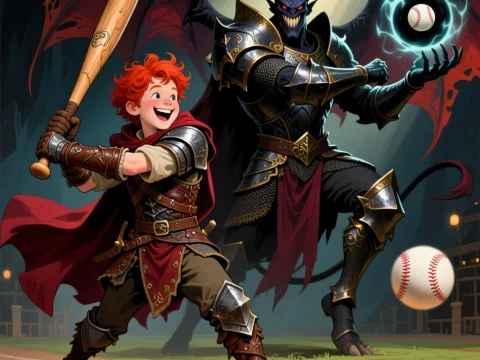 Red-Haired Hero Batting Against Dark Demon in Fantasy Baseball