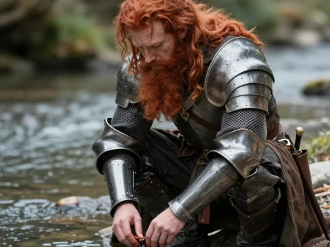 Red-Haired Knight in Armor by a Stream