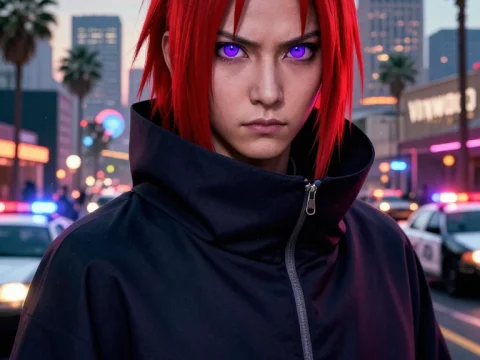 Red-Haired Ninja Nagato in Urban Night Scene