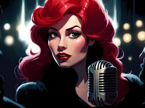 Red-Haired Singer in Spotlight with Vintage Microphone