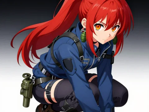 Red-Haired Warrior with Grenades in Tactical Gear