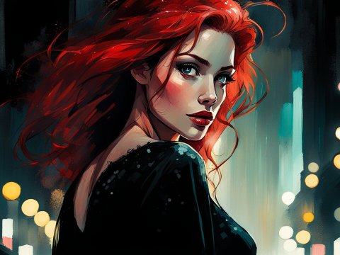 Red-Haired Woman in Night Cityscape