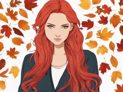 Red-Haired Woman Surrounded by Autumn Leaves