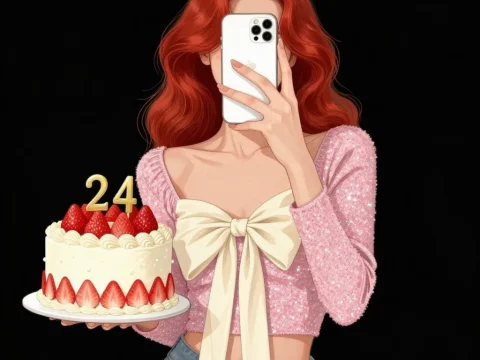 Red-Haired Woman Taking Selfie with Birthday Cake