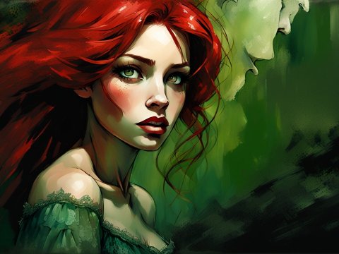 Red-Haired Woman with Intense Gaze in Green Fantasy Setting