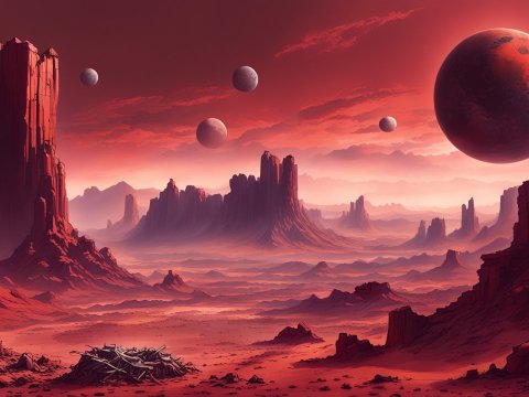 Red Rocky Alien Landscape with Multiple Planets
