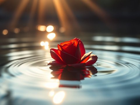 Red Rose Floating on Water with Sunlight Reflections