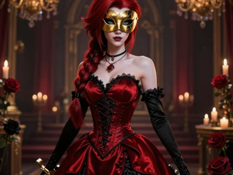 Red Rose Masquerade Ball Gown with Golden Mask