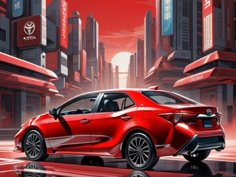 Red Sedan Car in Futuristic Cityscape at Sunset