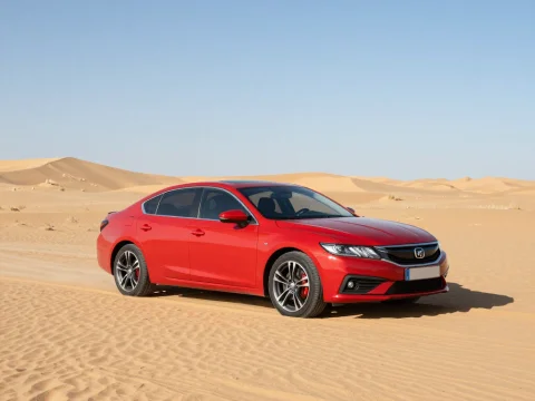 Red Sedan Car Parked in Desert Sand Dunes