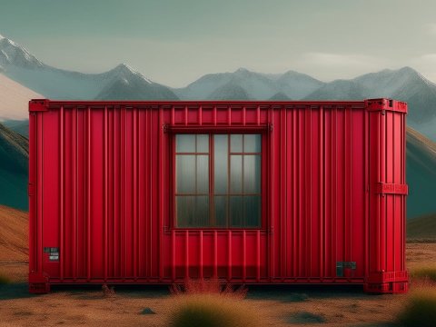 Red Shipping Container Home in Mountain Desert Landscape