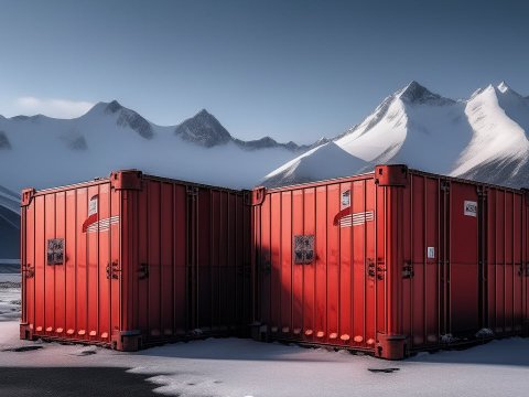 Red Shipping Containers in Snowy Mountain Landscape
