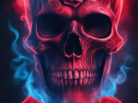 Red Skull with Roses and Mystical Smoke