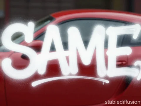 Red Sports Car with White Graffiti Tag 'SAME,'