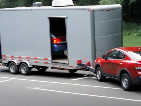 Red SUV Towing Enclosed Trailer with Car Inside