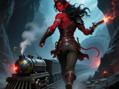 Red Tiefling Firing Pistol While Running Along Mine Train