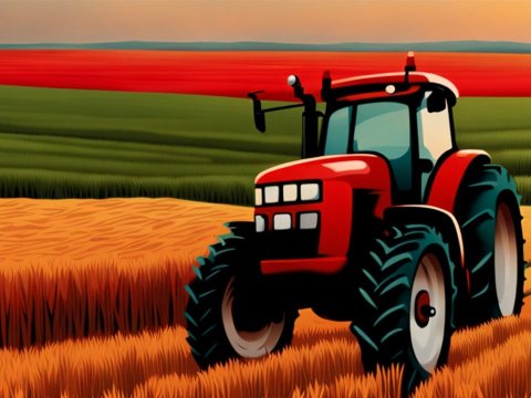 Red Tractor in a Colorful Agricultural Field
