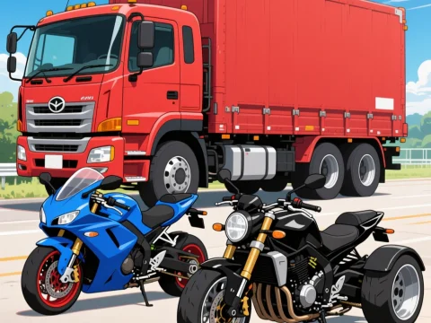 Red Truck and Two Motorcycles on Road in Anime Style