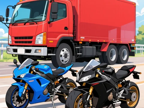 Red Truck with Blue and Black Motorcycles on Road