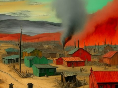 Red Western Town Amidst Fire and Smoke