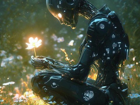 Reflective Robot Holding Glowing Flower in a Meadow