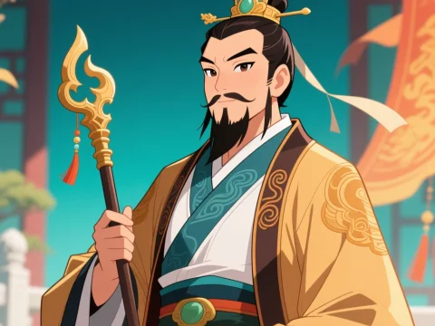 Regal Ancient Chinese Nobleman Holding Ornate Staff