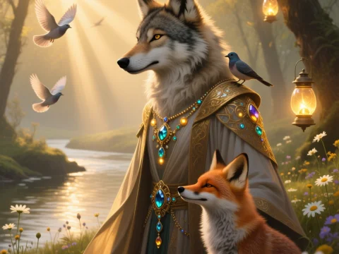 Regal Anthro Wolf and Fox in Enchanted Forest