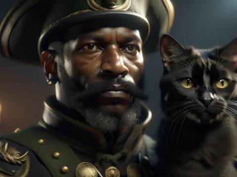 Regal Black Man in Historical Military Uniform with Cat