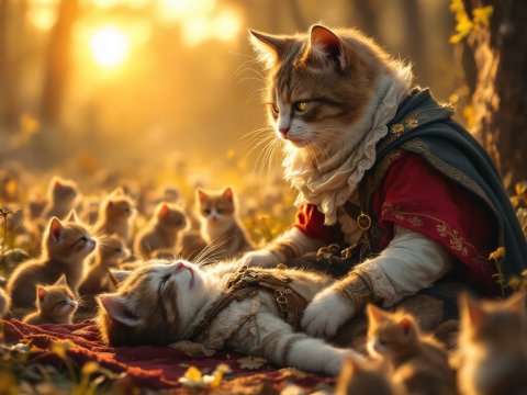 Regal Cat Caring for Kitten Surrounded by Little Cats in Autumn Forest