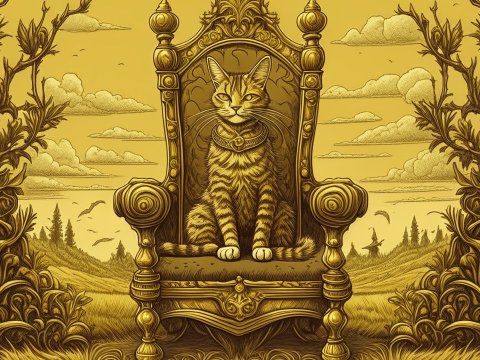 Regal Cat Sitting on Ornate Throne in Fantasy Landscape