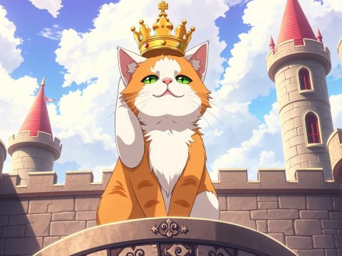 Regal Cat Wearing a Crown in a Castle Courtyard
