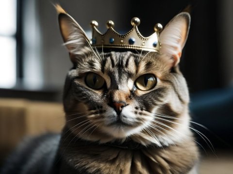 Regal Cat Wearing a Crown Indoors