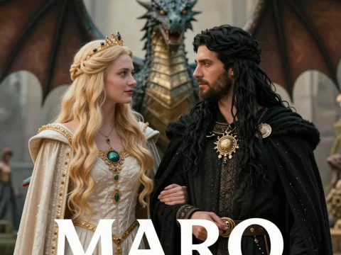 Regal Couple with Dragon in Fantasy Setting