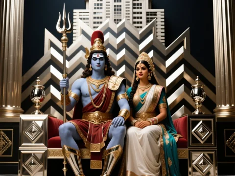 Regal Depiction of Shiva and Parvati on Ornate Throne