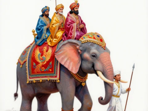 Regal Elephant Parade with Three Royal Riders and Phoenix Motif