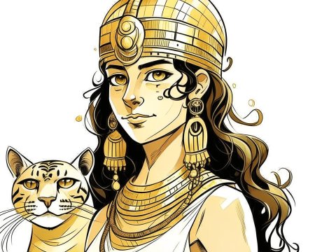 Regal Girl with Golden Jewelry and Tiger Companion