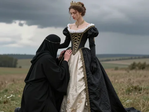 Regal Lady in Black and Gold Corset Gown with Attendant