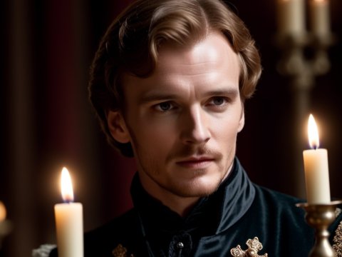 Regal Man in Historical Attire by Candlelight
