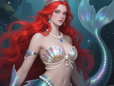 Regal Mermaid Queen with Red Hair and Iridescent Tail