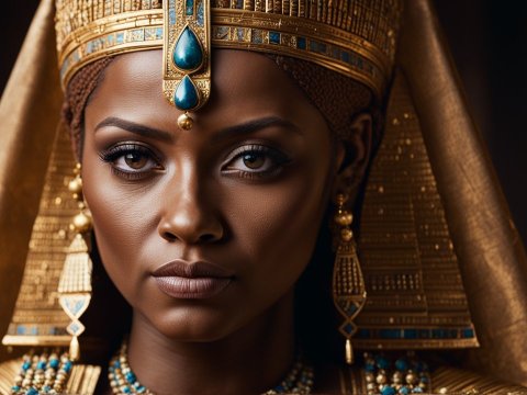 Regal Portrait of Queen Hatshepsut in Ornate Egyptian Headdress