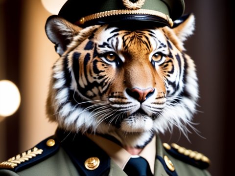 Regal Tiger in Military Uniform Portrait